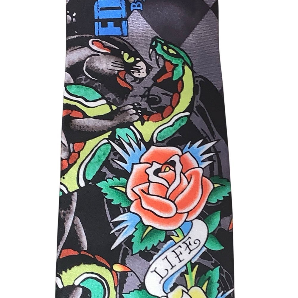 Ed Hardy Christian Audigier Silk Necktie Snake Rat Life Love Luck Mens Tie NWT - Picture 3 of 6